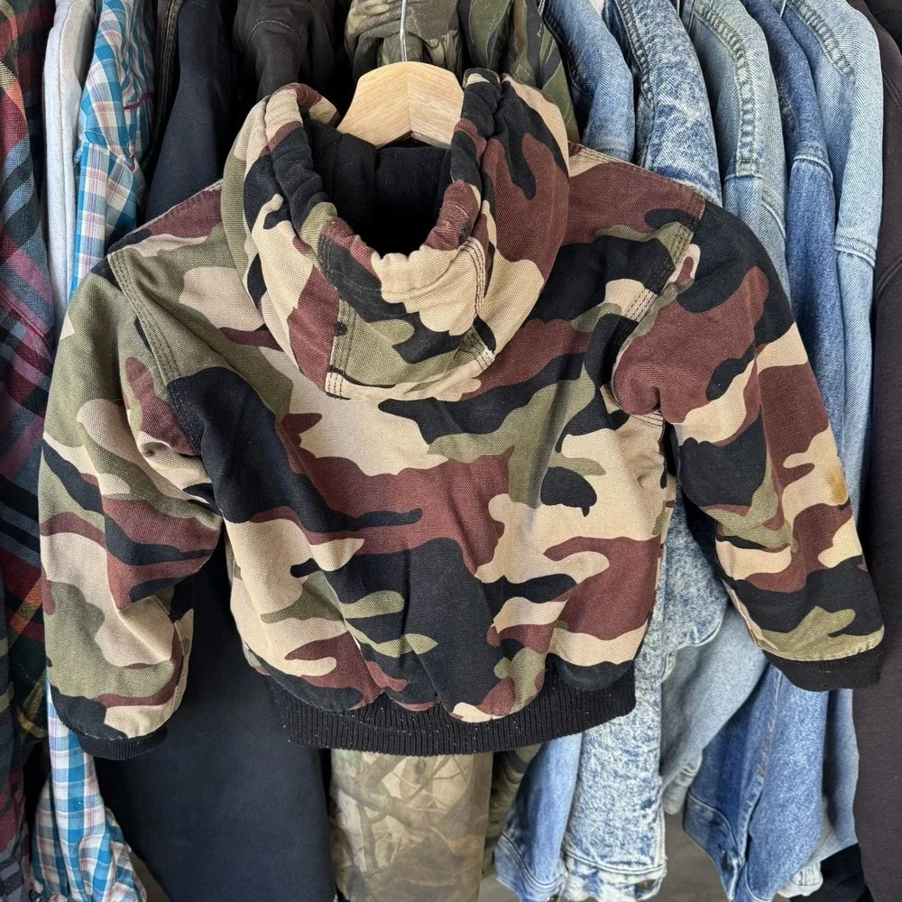 VTG Walls Tough Wear Canvas Camo Work Jacket Boys XS Insulated Full-zip Hooded